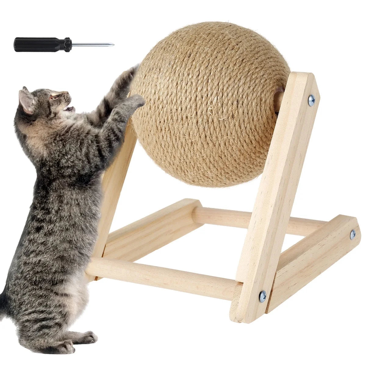 Natural Sisal Cat Scratching Ball with Catnip - Interactive Solid Wood Scratcher Toy for Indoor Cats and Kittens (7 x 7 x 6.3 inches)