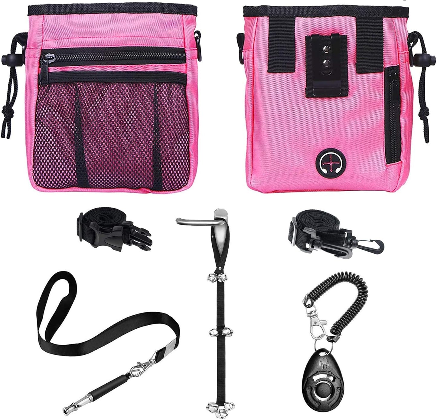 4-in-1 Comprehensive Dog Training Set: Includes Training Treat Pouch, Whistle, Doorbells, and Clicker - Perfect Gift for New Pet Owners (Pink)