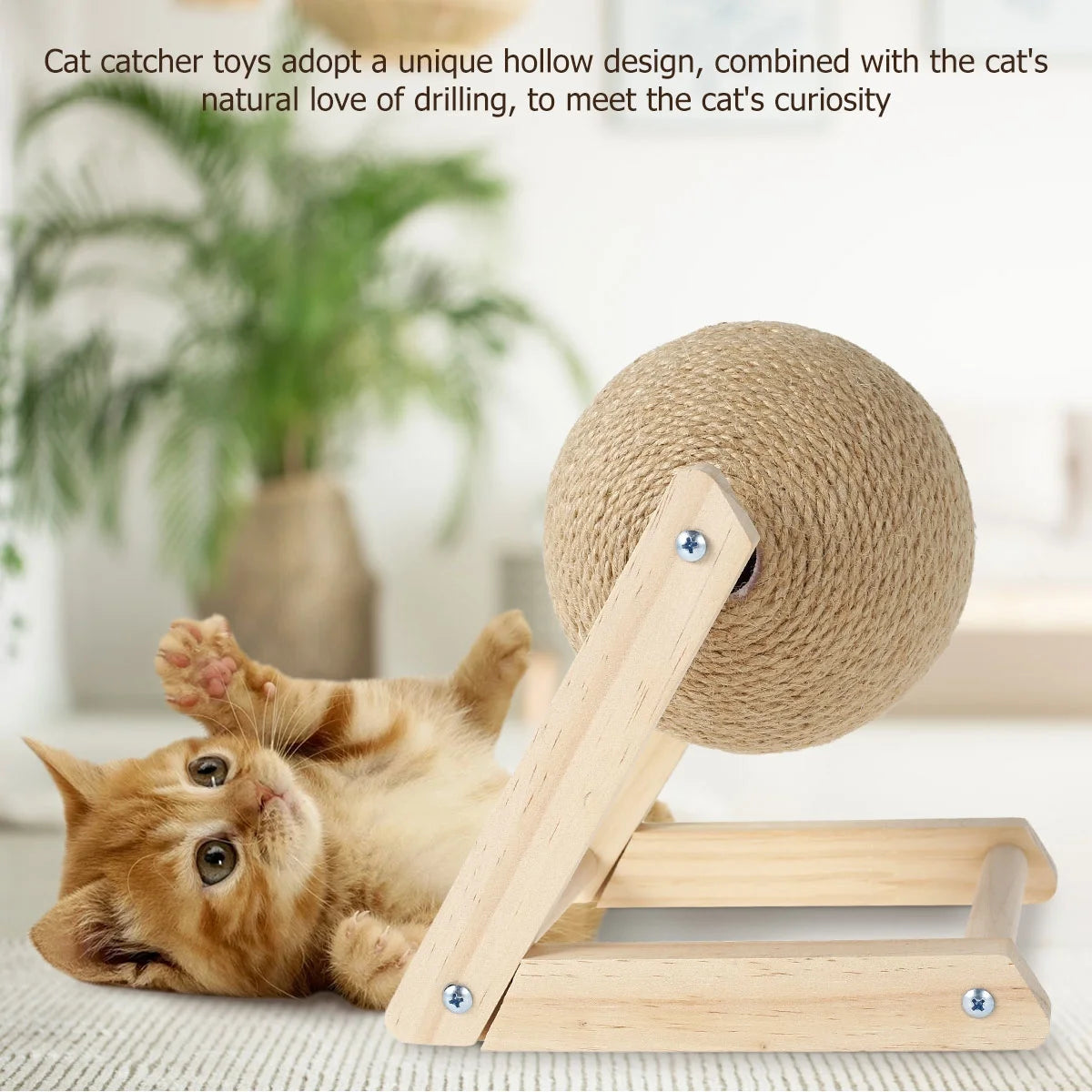 Natural Sisal Cat Scratching Ball with Catnip - Interactive Solid Wood Scratcher Toy for Indoor Cats and Kittens (7 x 7 x 6.3 inches)