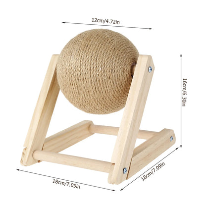 Natural Sisal Cat Scratching Ball with Catnip - Interactive Solid Wood Scratcher Toy for Indoor Cats and Kittens (7 x 7 x 6.3 inches)