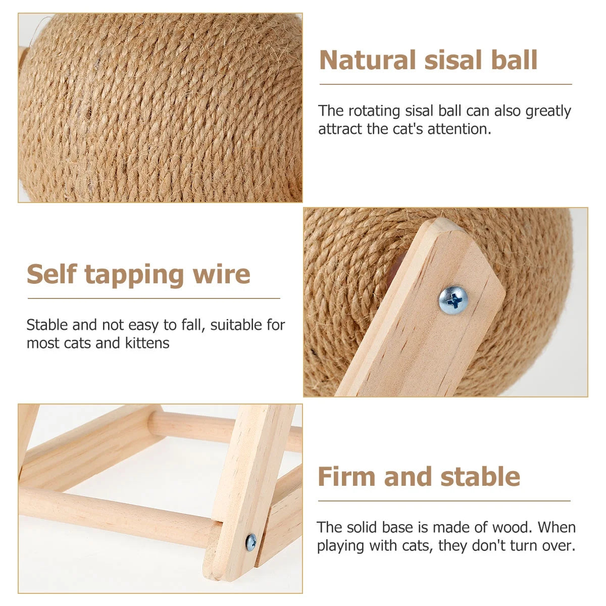 Natural Sisal Cat Scratching Ball with Catnip - Interactive Solid Wood Scratcher Toy for Indoor Cats and Kittens (7 x 7 x 6.3 inches)
