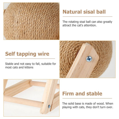 Natural Sisal Cat Scratching Ball with Catnip - Interactive Solid Wood Scratcher Toy for Indoor Cats and Kittens (7 x 7 x 6.3 inches)