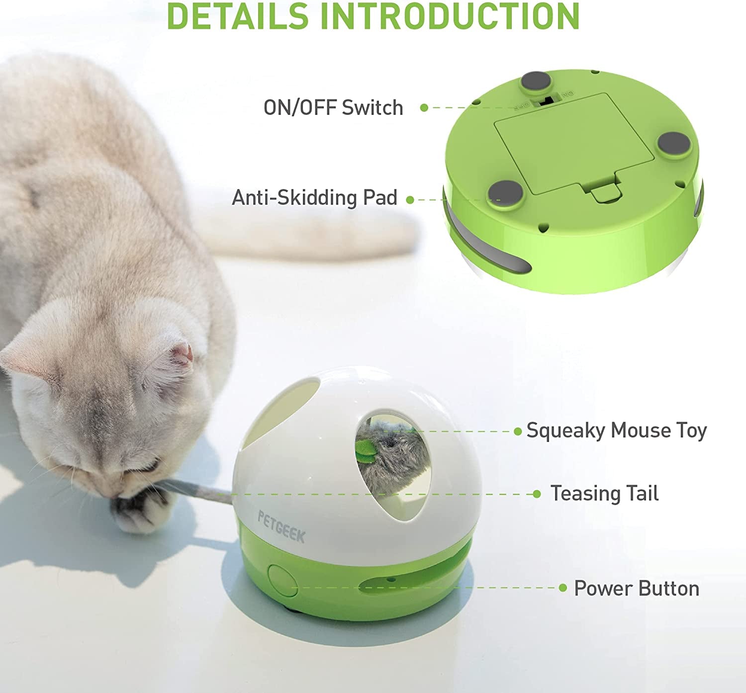 Hidey Mouse Interactive Electronic Cat Toy with Catnip-Filled Squeaky Mouse for Indoor Play (Green)
