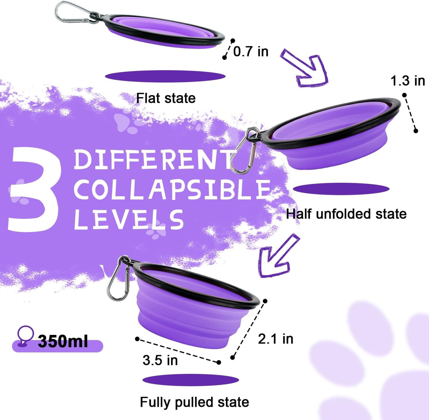 Collapsible Travel Dog Bowls - 2-Pack Portable Feeding and Watering Dishes for Pets, Foldable Design with Carabiners, BPA Free (Purple & Pink, Small)