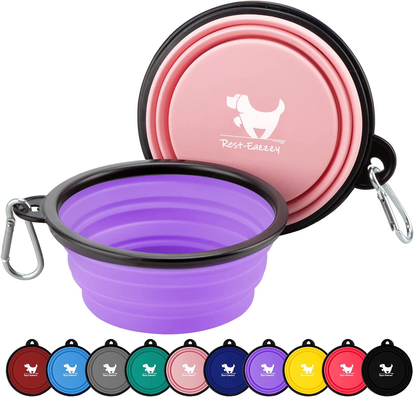 Collapsible Travel Dog Bowls - 2-Pack Portable Feeding and Watering Dishes for Pets, Foldable Design with Carabiners, BPA Free (Purple & Pink, Small)