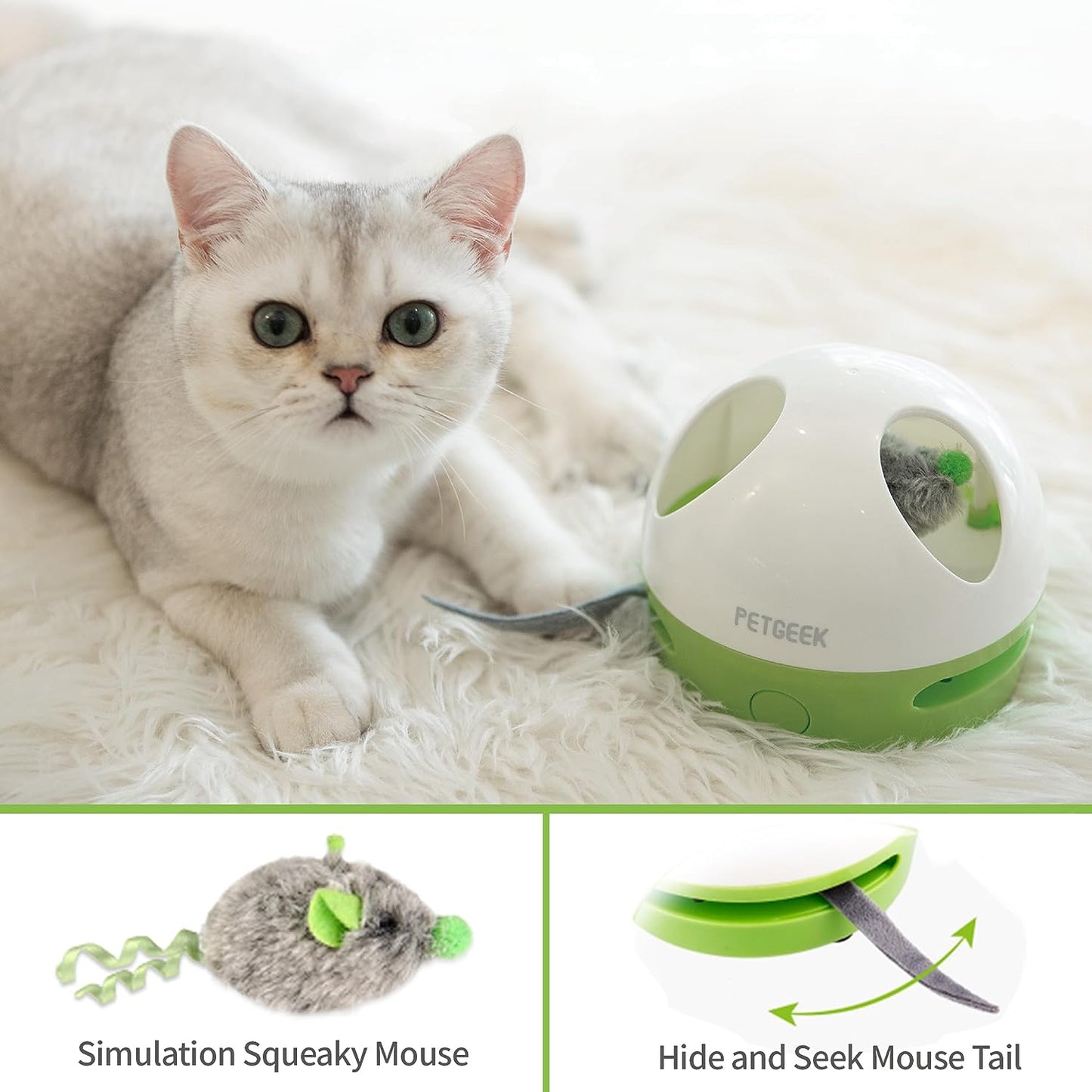 Hidey Mouse Interactive Electronic Cat Toy with Catnip-Filled Squeaky Mouse for Indoor Play (Green)