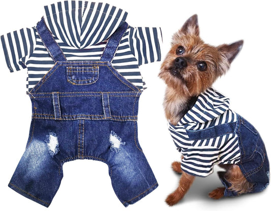 Denim Jumpsuit for Dogs - Vintage Washed Blue Hoodie Coat for Medium and Small Breeds (Size L)