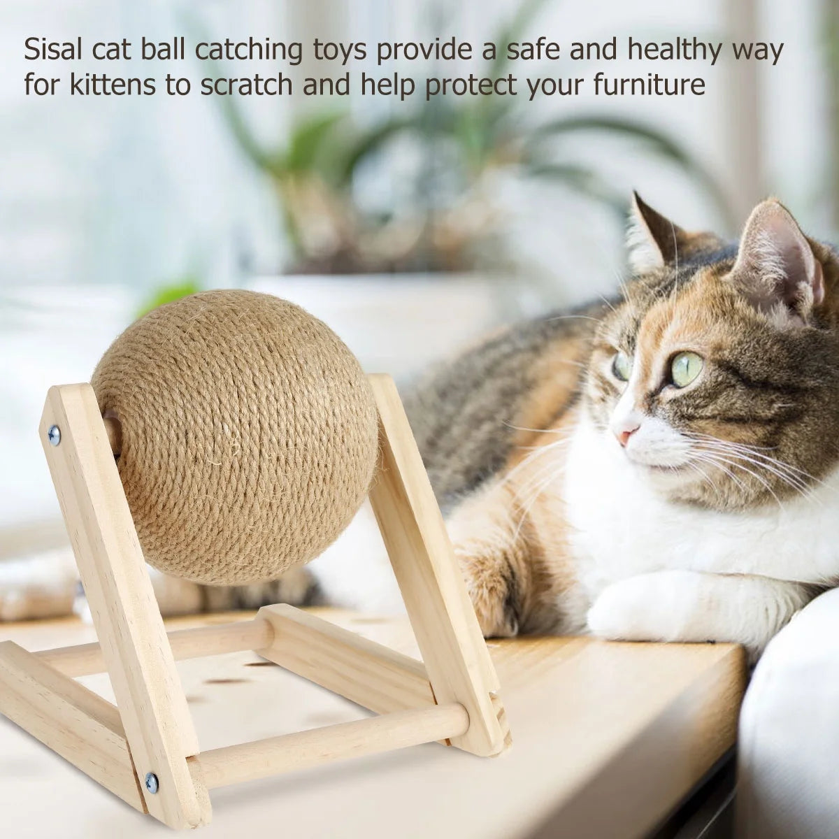 Natural Sisal Cat Scratching Ball with Catnip - Interactive Solid Wood Scratcher Toy for Indoor Cats and Kittens (7 x 7 x 6.3 inches)