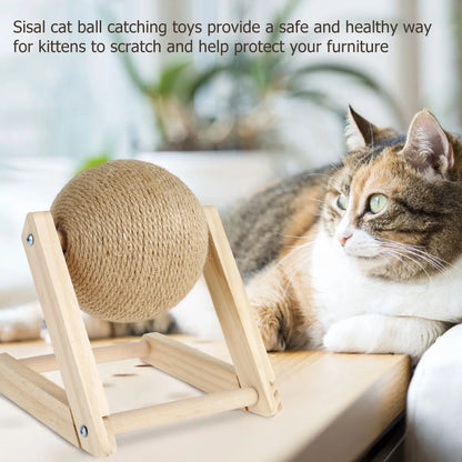 Natural Sisal Cat Scratching Ball with Catnip - Interactive Solid Wood Scratcher Toy for Indoor Cats and Kittens (7 x 7 x 6.3 inches)